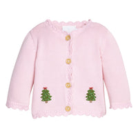 Little English traditional children's clothing.  Light pink cotton cardigan with crocheted christmas trees on either side and in back for baby girls.