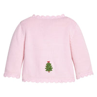 Little English traditional children's clothing.  Light pink cotton cardigan with crocheted christmas trees on either side and in back for baby girls.