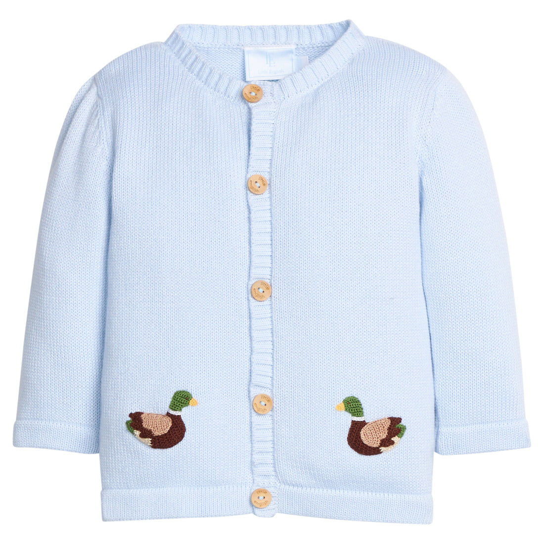 Little English classic baby clothes, signature light blue cardigan with mallards for baby boys