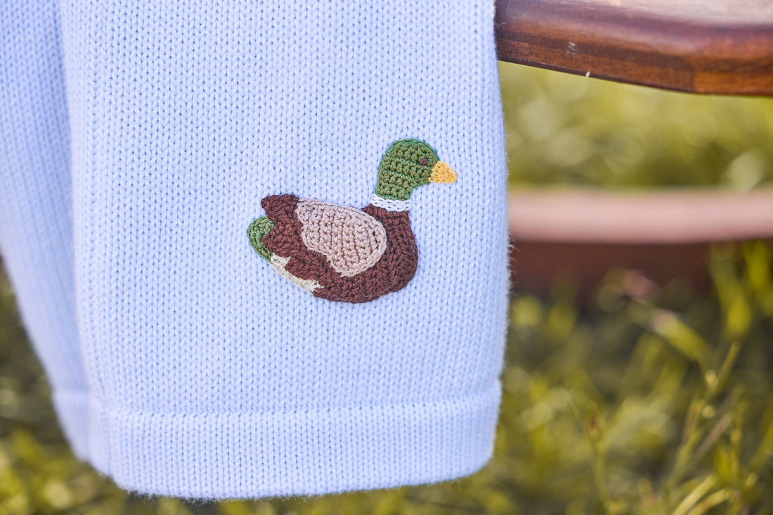 Little English classic baby clothes, signature light blue cardigan with mallards for baby boys