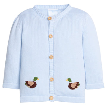 Little English classic baby clothes, signature light blue cardigan with mallards for baby boys