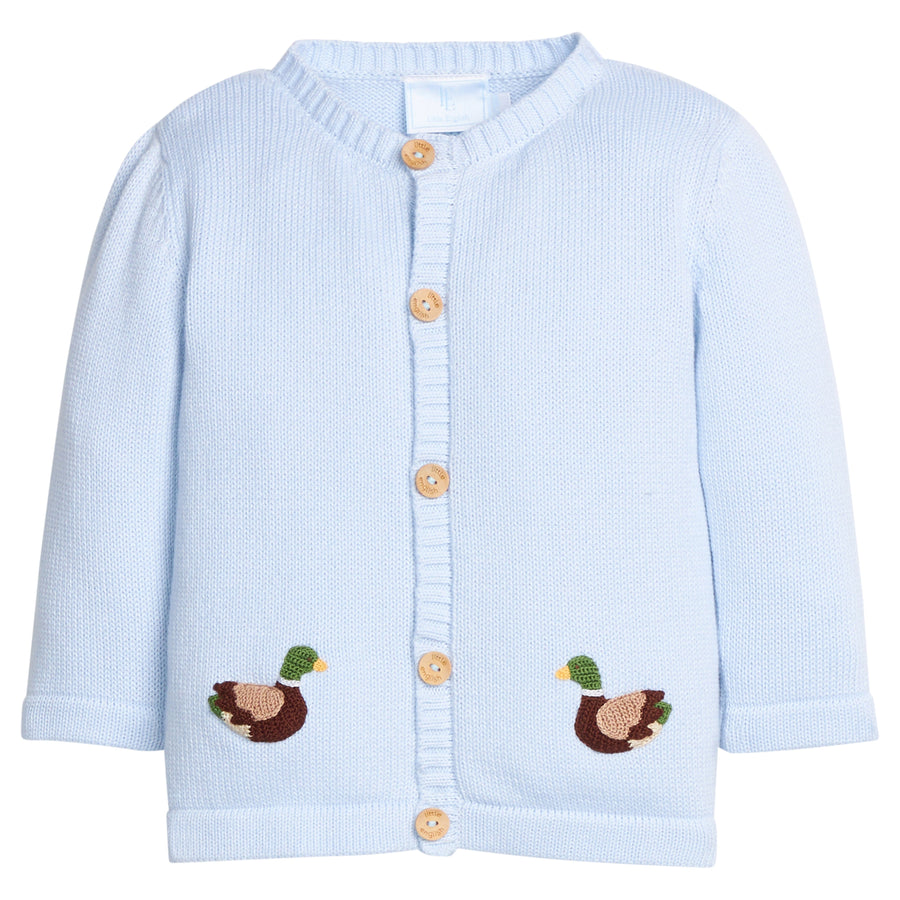 Little English classic baby clothes, signature light blue cardigan with mallards for baby boys