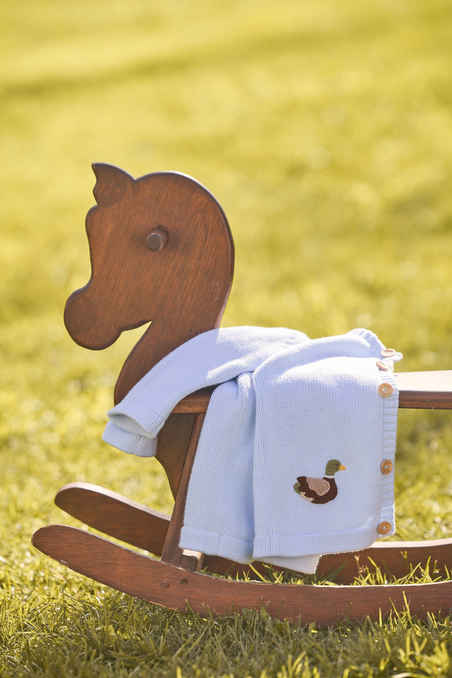 Little English classic baby clothes, signature light blue cardigan with mallards for baby boys