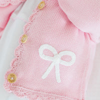 Pink Crochet cardigan for baby girl with white bow motif, Little English classic baby girl's sweater
