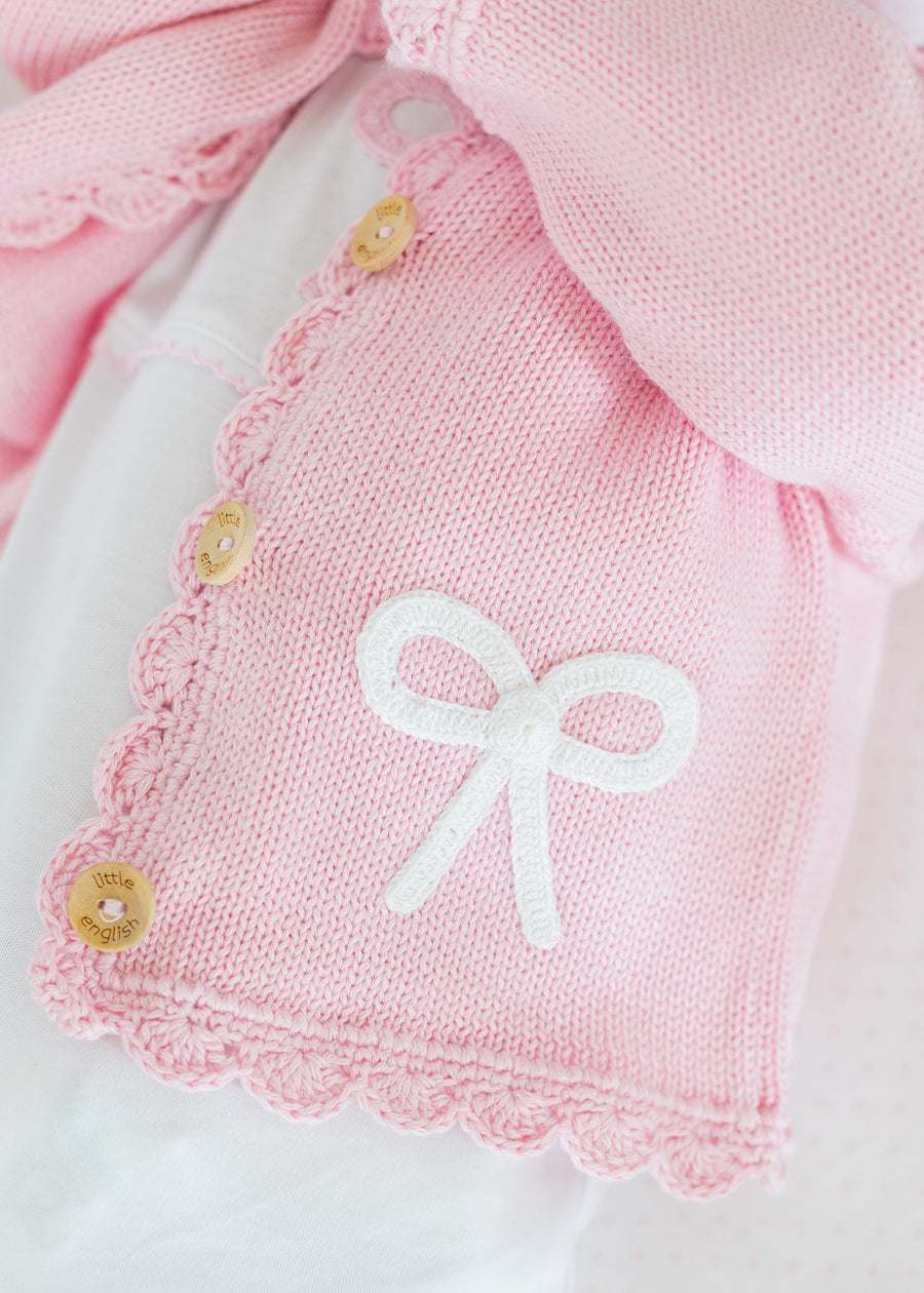 Pink Crochet cardigan for baby girl with white bow motif, Little English classic baby girl's sweater
