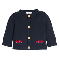 Little English traditional children's clothing.  Navy blue cotton cardigan with crocheted red race cars on either side and in back for baby boys. 