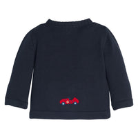 Little English traditional children's clothing.  Navy blue cotton cardigan with crocheted red race cars on either side and in back for baby boys. 