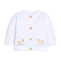 Little English traditional children's clothing.  Unisex white cotton cardigan with crocheted sheep on either side and in back for baby boys and girls. 