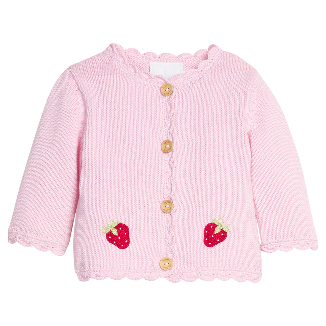 Little English classic crochet cardigan in light pink with wooden buttons down front and strawberry motifs, for baby girl 