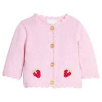 Little English classic crochet cardigan in light pink with wooden buttons down front and strawberry motifs, for baby girl 