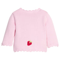 Little English classic crochet cardigan in light pink with wooden buttons down front and strawberry motifs, for baby girl 