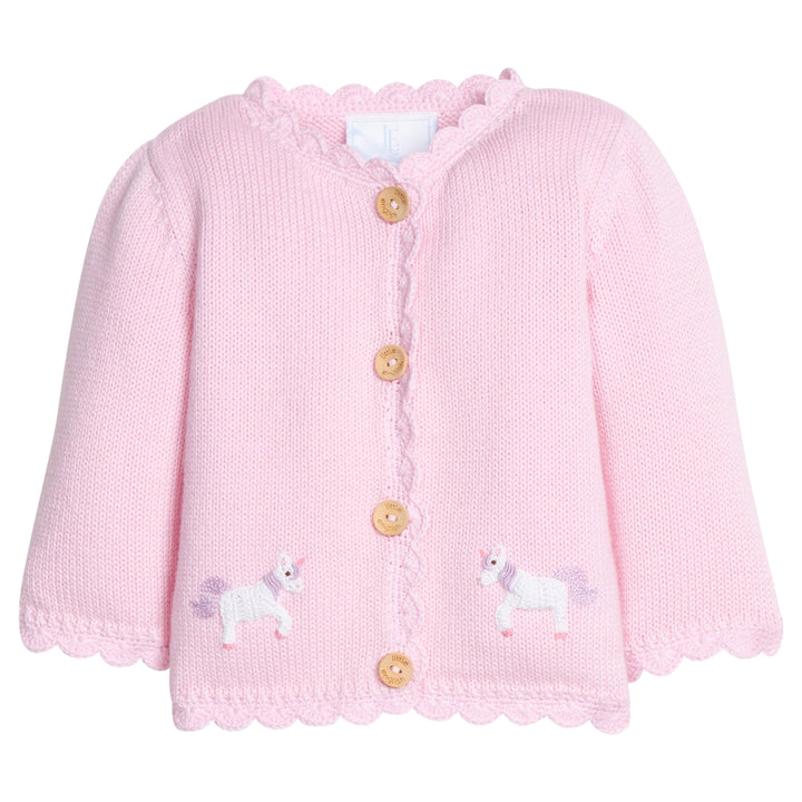 Little English classic baby clothes, signature light pink cardigan with unicorns  and scalloped details for baby girls