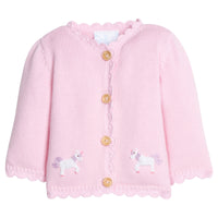 Little English classic baby clothes, signature light pink cardigan with unicorns  and scalloped details for baby girls