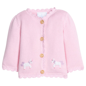 Little English classic baby clothes, signature light pink cardigan with unicorns  and scalloped details for baby girls