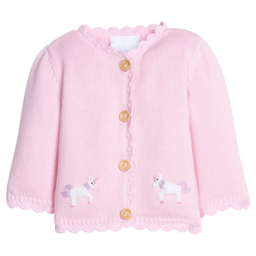 Little English classic baby clothes, signature light pink cardigan with unicorns  and scalloped details for baby girls
