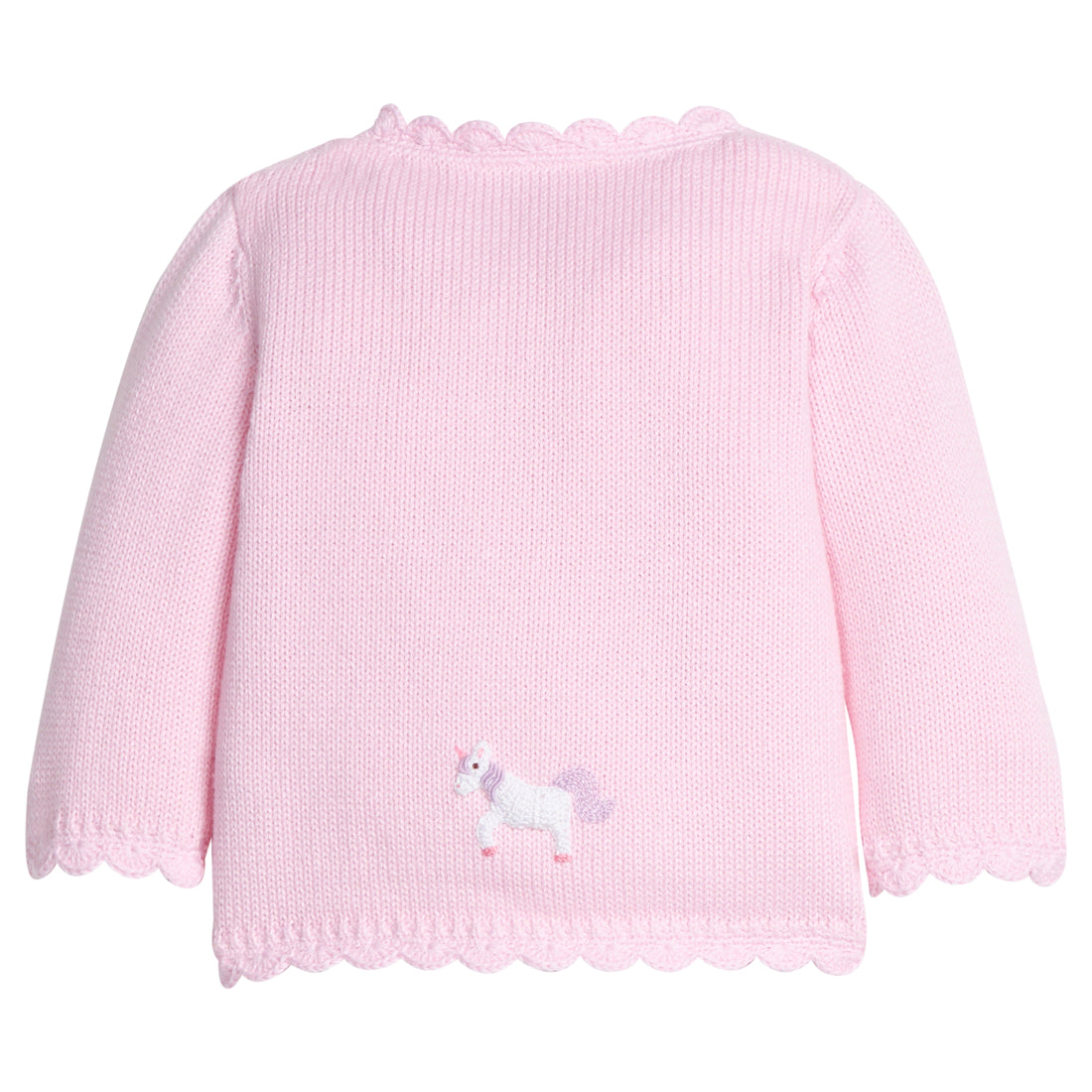 Little English classic baby clothes, signature light pink cardigan with unicorns  and scalloped details for baby girls