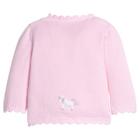 Little English classic baby clothes, signature light pink cardigan with unicorns  and scalloped details for baby girls