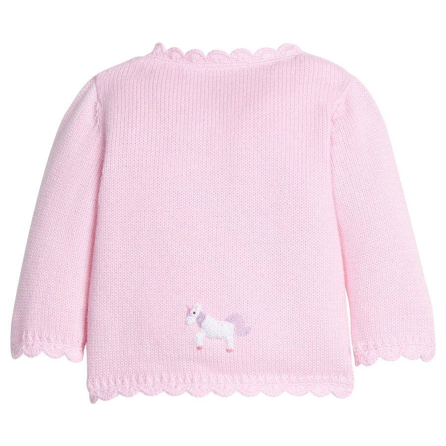 Little English classic baby clothes, signature light pink cardigan with unicorns  and scalloped details for baby girls