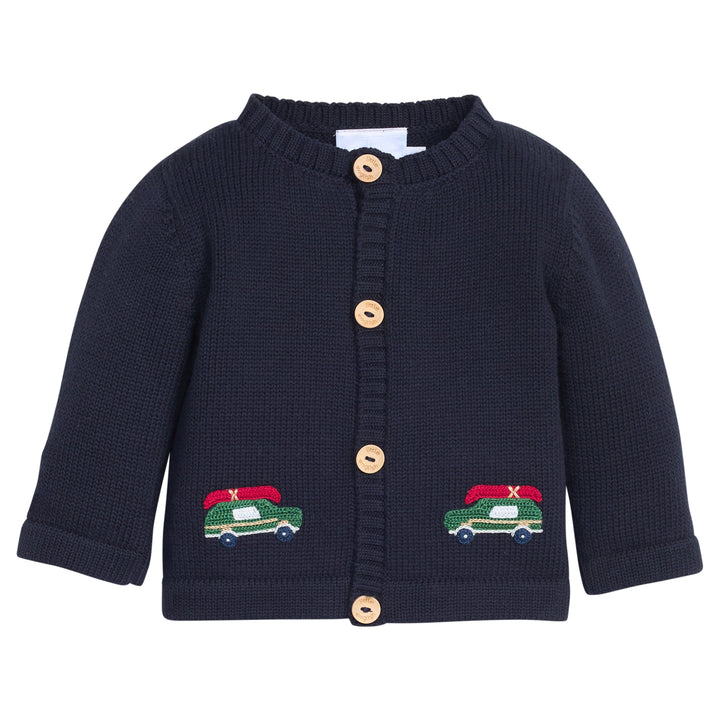Little English classic baby clothes, signature navy cardigan with crochet wagoneer motif for baby boys