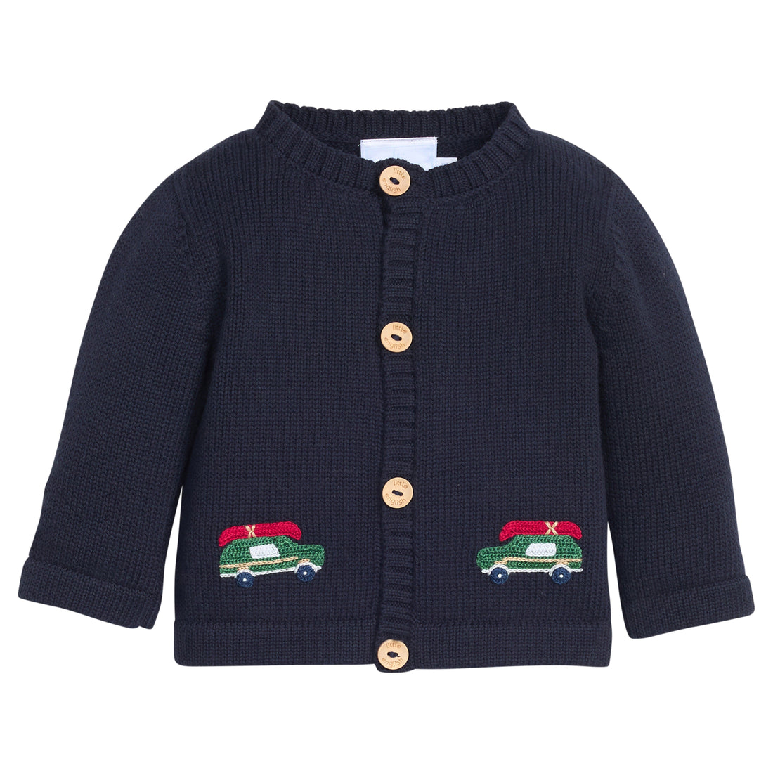 Little English classic baby clothes, signature navy cardigan with crochet wagoneer motif for baby boys