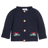 Little English classic baby clothes, signature navy cardigan with crochet wagoneer motif for baby boys