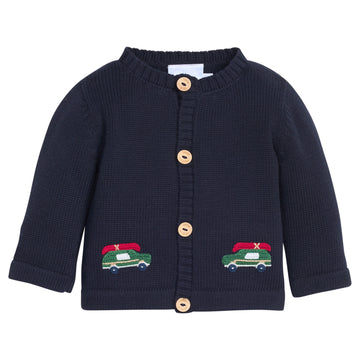 Little English classic baby clothes, signature navy cardigan with crochet wagoneer motif for baby boys