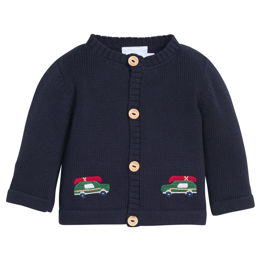 Little English classic baby clothes, signature navy cardigan with crochet wagoneer motif for baby boys