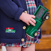 little english classic children's clothing, crochet cardigan with wagoneer motif and wooden buttons, davant bubble in middleburg plaid 