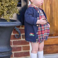 little english classic children's clothing, crochet cardigan with wagoneer motif and wooden buttons, davant bubble in middleburg plaid