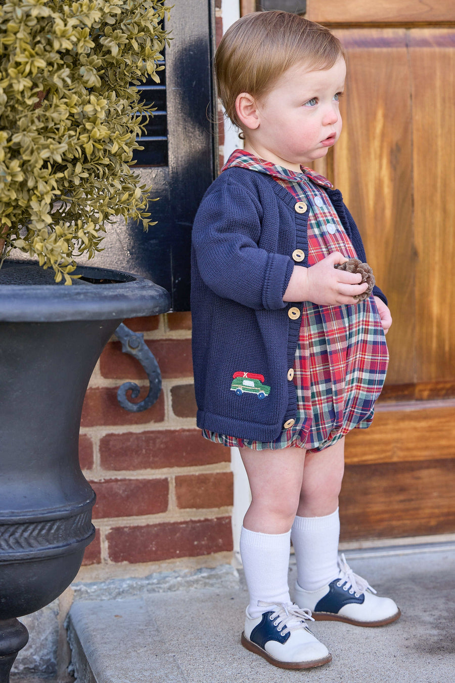 little english classic children's clothing, crochet cardigan with wagoneer motif and wooden buttons, davant bubble in middleburg plaid