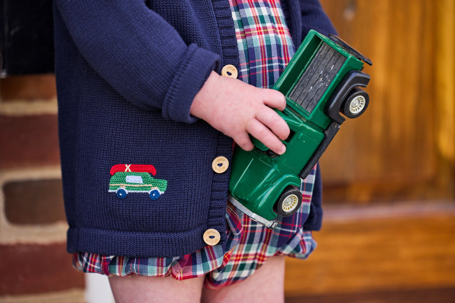 little english classic children's clothing, crochet cardigan with wagoneer motif and wooden buttons, davant bubble in middleburg plaid 