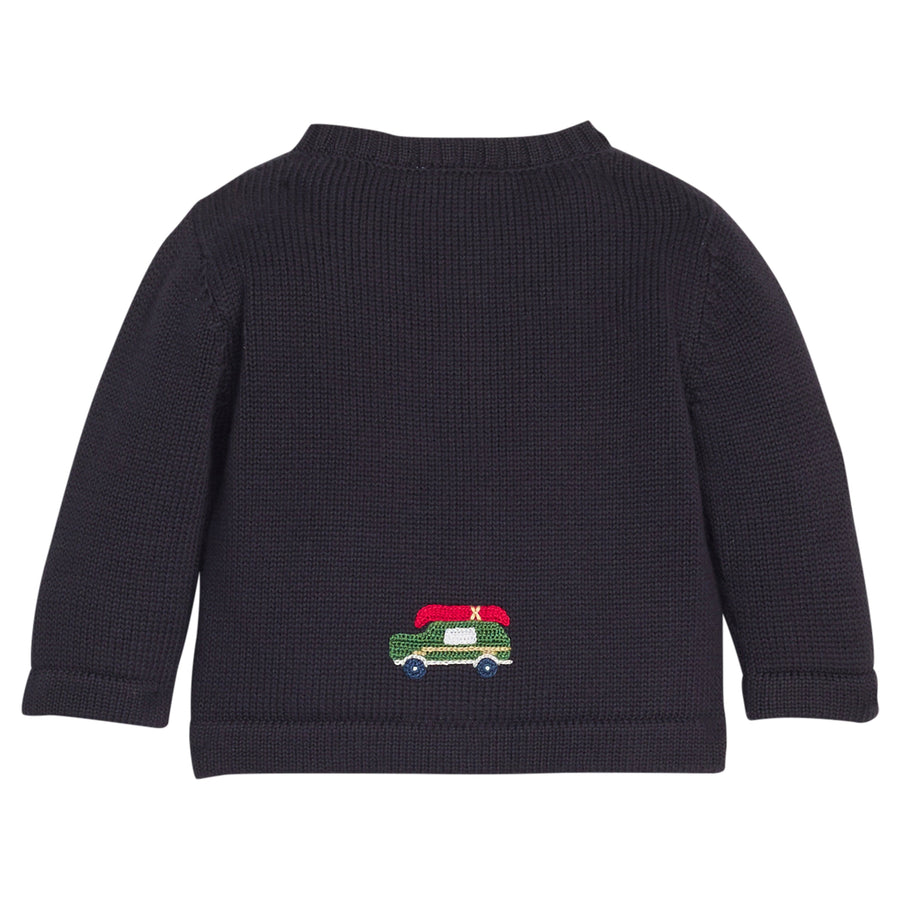Little English classic baby clothes, signature navy cardigan with crochet wagoneer motif for baby boys