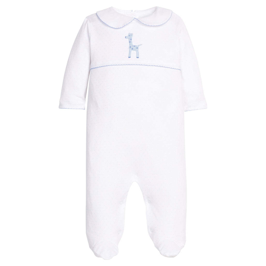 Little english classic twill footie with crochet blue giraffe motif on chest, for little boy 