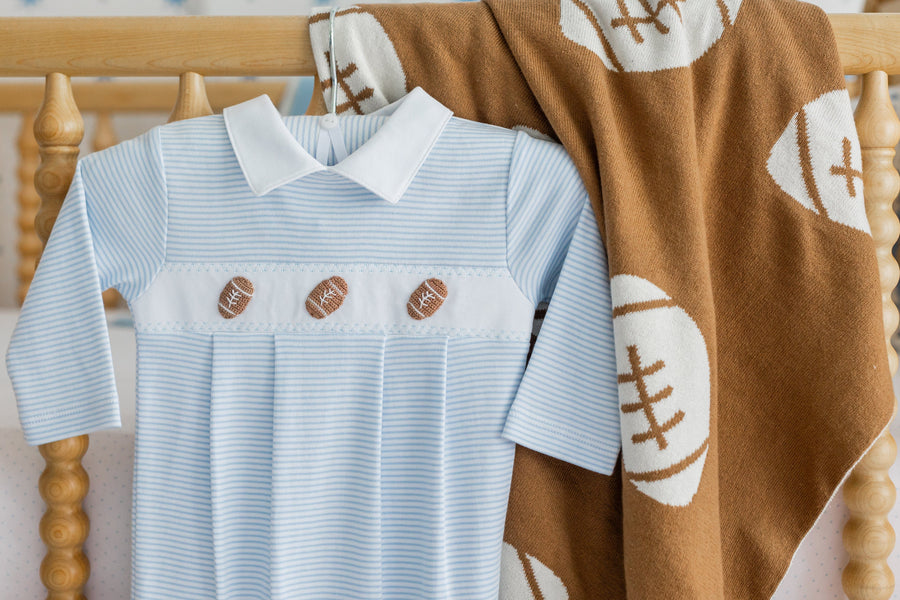 little english classic children's clothing light blue and white striped footie for baby boys with football motif for fall 