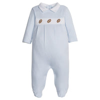 little english classic children's clothing light blue and white striped footie for baby boys with football motif for fall 