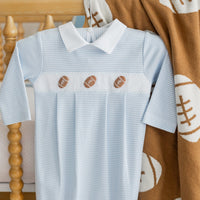 little english classic children's clothing light blue and white striped footie for baby boys with football motif for fall 