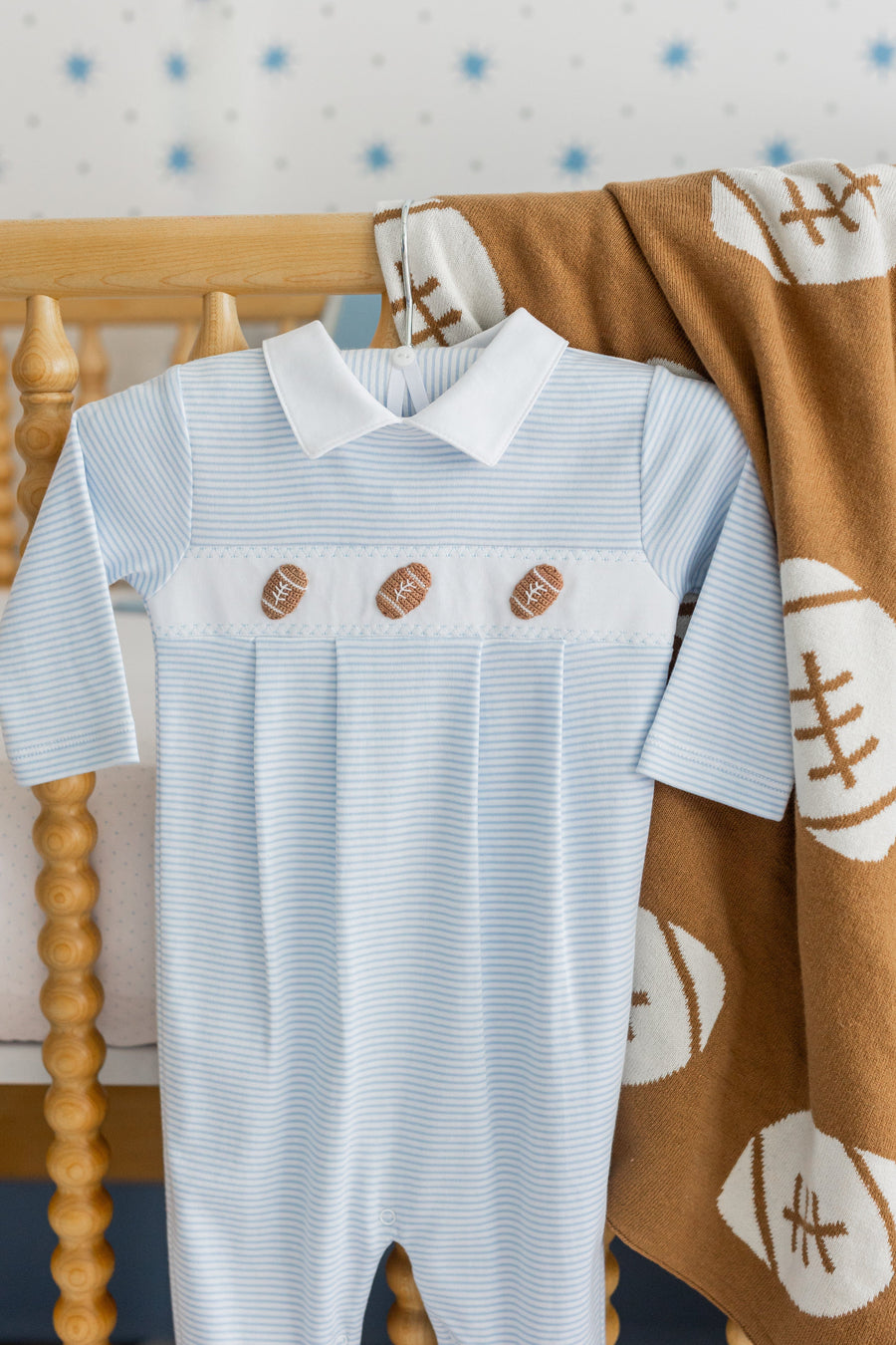 little english classic children's clothing light blue and white striped footie for baby boys with football motif for fall 