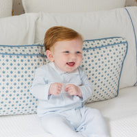 little english classic children's clothing light blue and white striped footie for baby boys with football motif for fall 