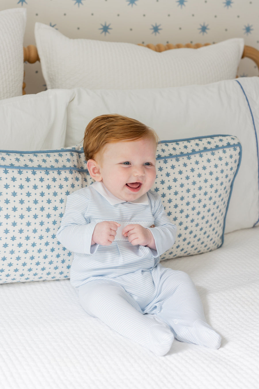 little english classic children's clothing light blue and white striped footie for baby boys with football motif for fall 