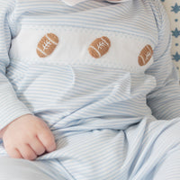 little english classic children's clothing light blue and white striped footie for baby boys with football motif for fall 