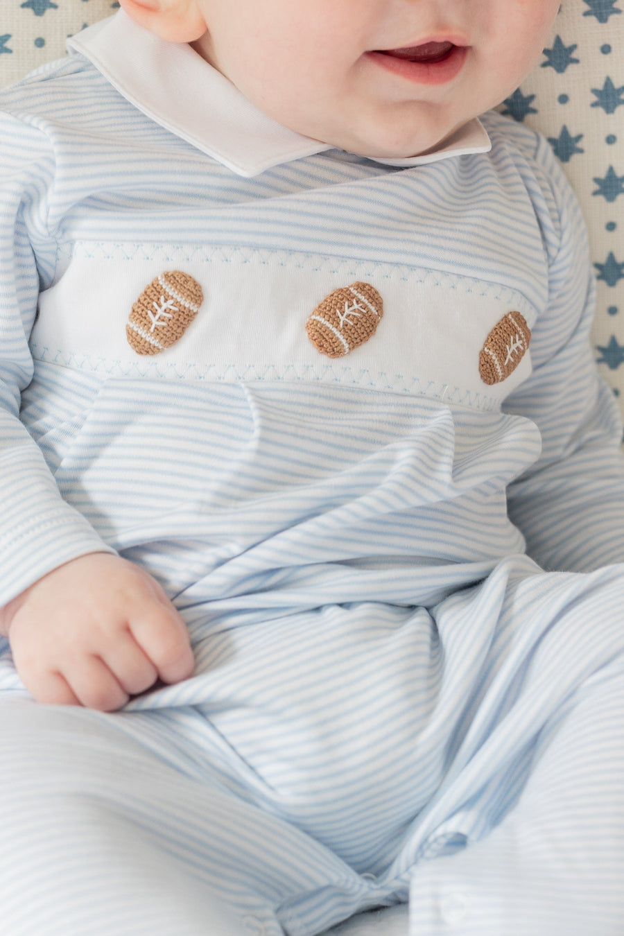 little english classic children's clothing light blue and white striped footie for baby boys with football motif for fall 