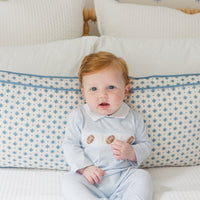 little english classic children's clothing light blue and white striped footie for baby boys with football motif for fall 