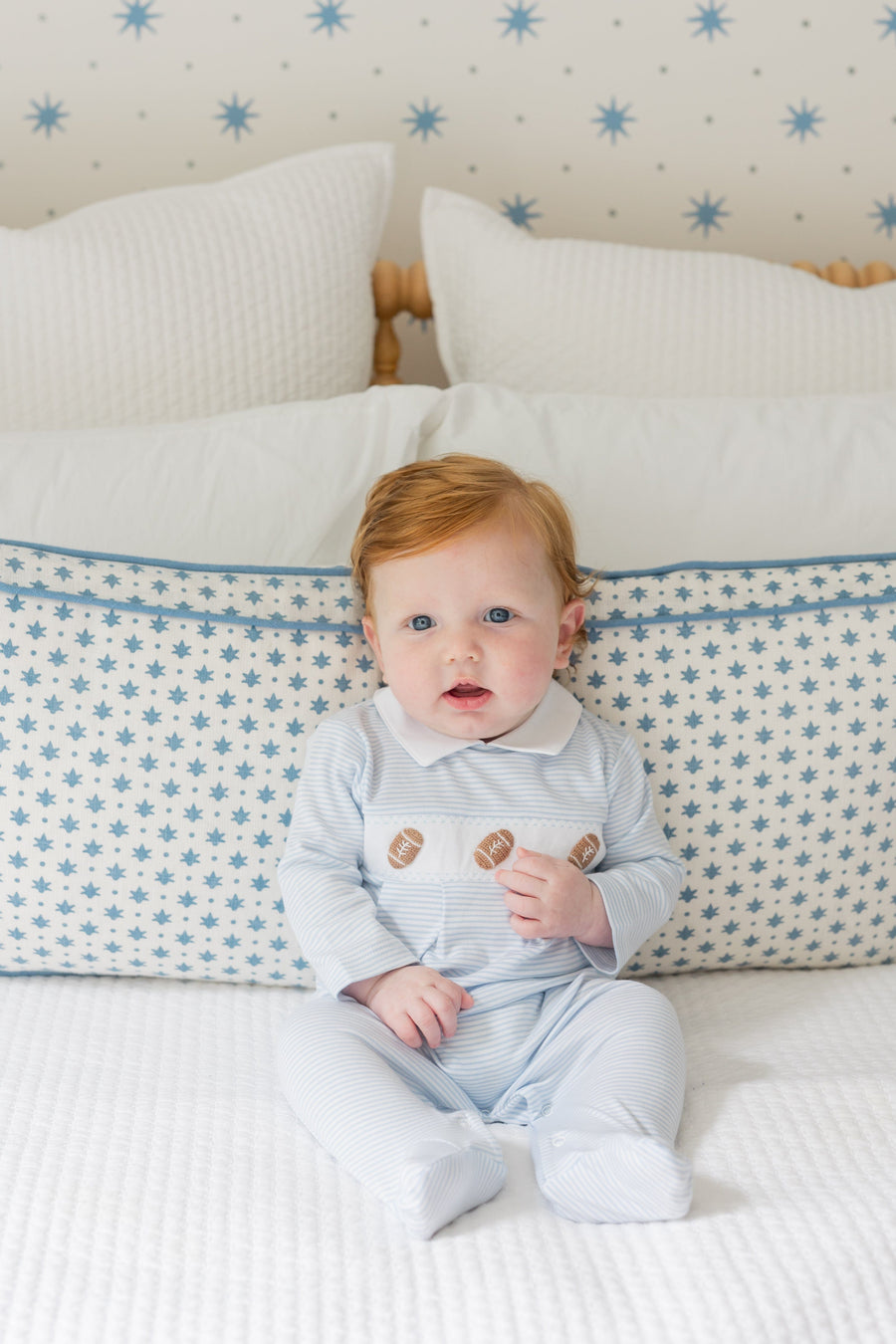 little english classic children's clothing light blue and white striped footie for baby boys with football motif for fall 