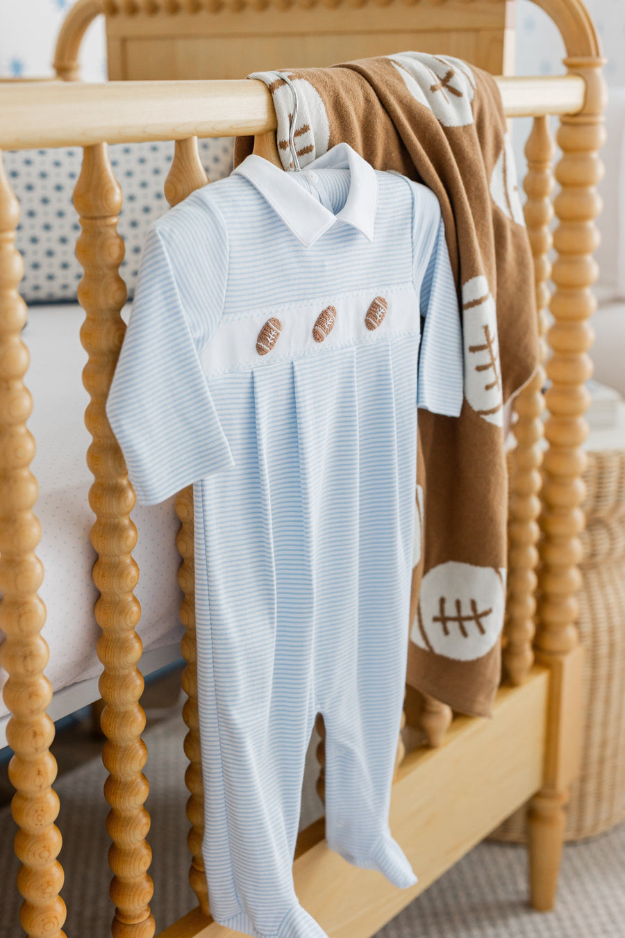little english classic children's clothing light blue and white striped footie for baby boys with football motif for fall 