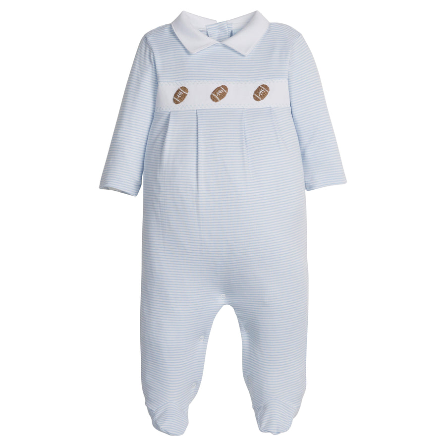 little english classic children's clothing light blue and white striped footie for baby boys with football motif for fall 