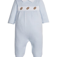 little english classic children's clothing light blue and white striped footie for baby boys with football motif for fall 