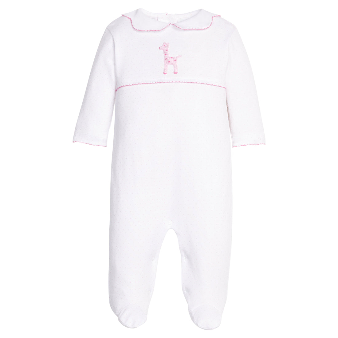 Little english classic twill footie with crochet pink giraffe motif on chest, for little girl