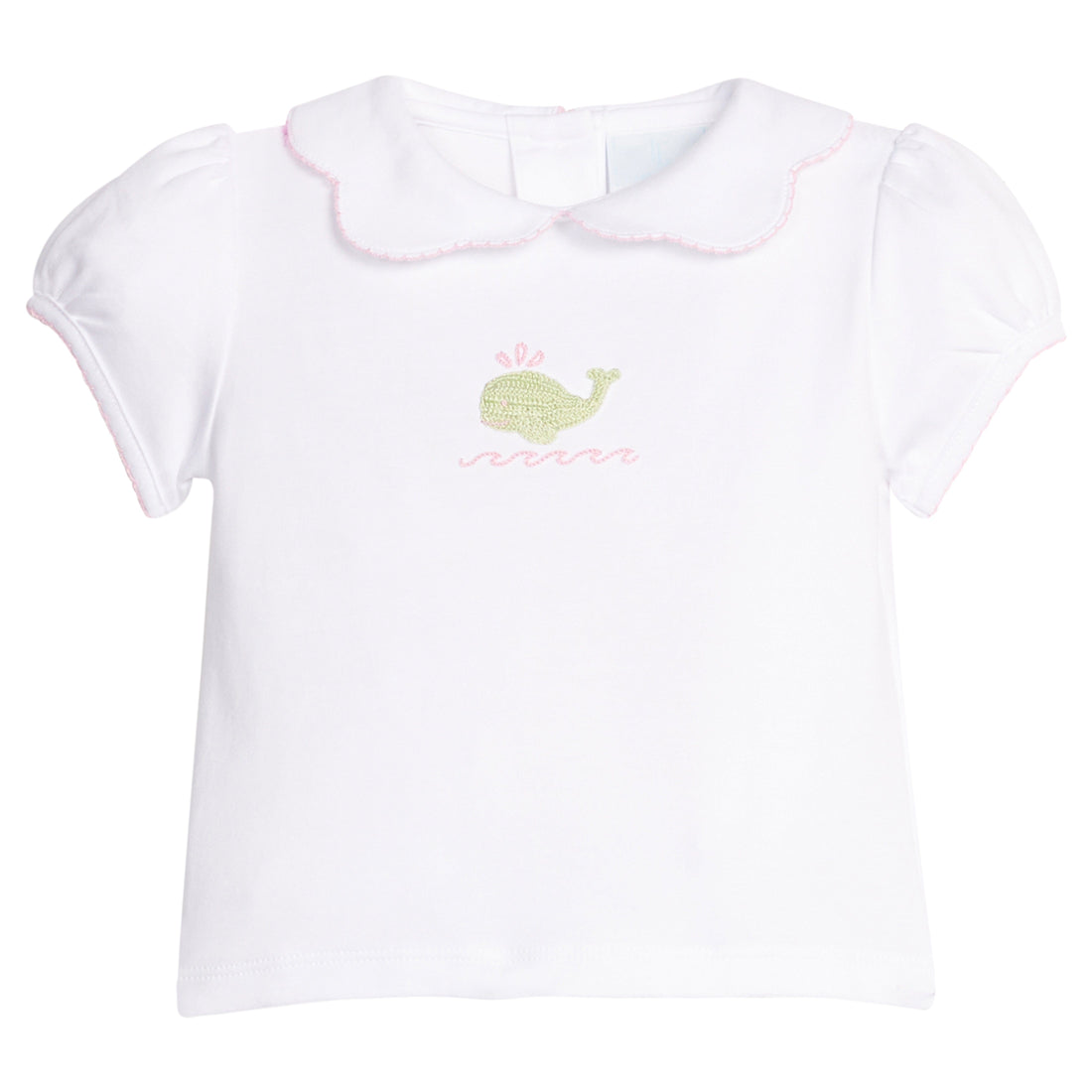 Little English classic crochet peter pan blouse with pink whale motif on chest, for little girl  