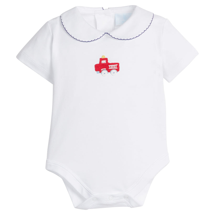 little english classic children's clothing white onesie for baby boys with red crochet firetruck and peter pan collar with navy picot trim 