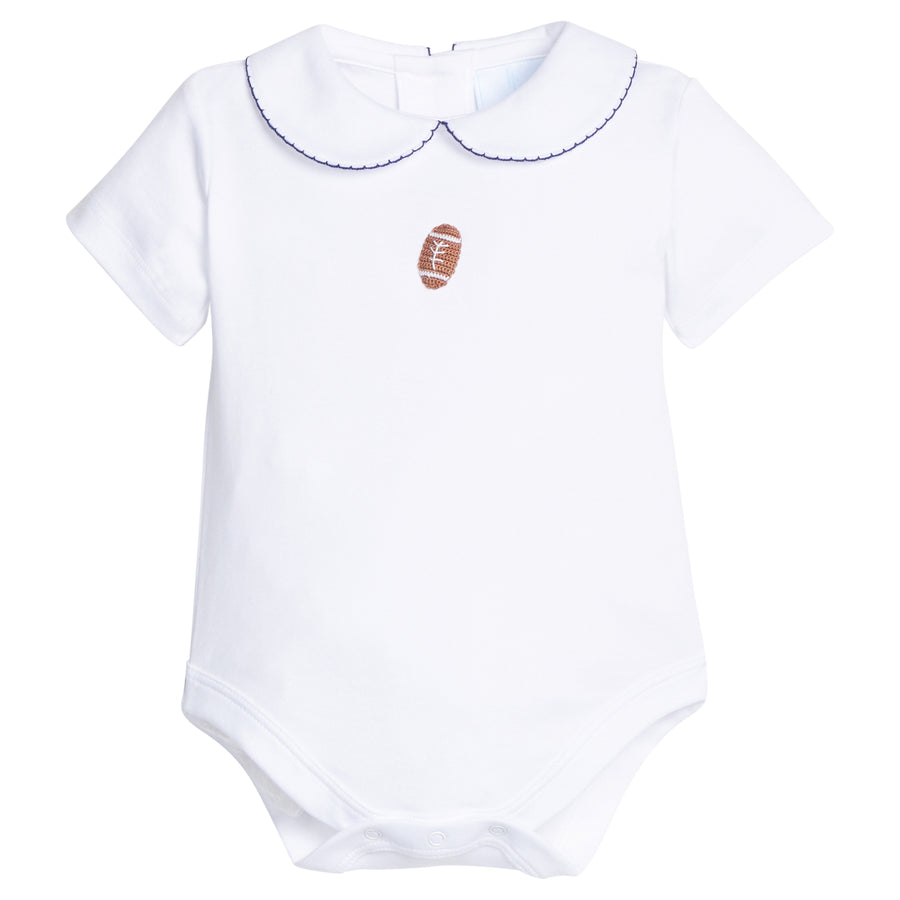 little english classic children's clothing white onesie for baby boys with crochet football and peter pan collar with navy picot trim 